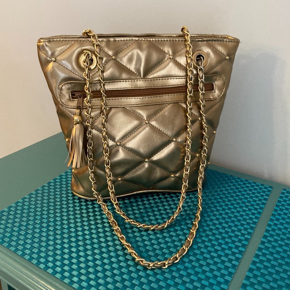 Gold Metallic Bag Quilted Shoulder Bag Studded Tassels by Y & S Vintage NWOT